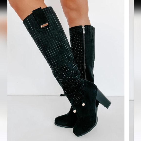 Nancy li Shoes - Elegant Black Rhinestone Studded Knee-High Women's Boots